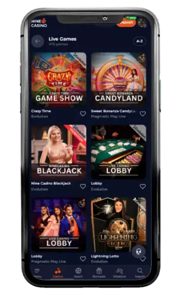 application mobile du Nine casino 